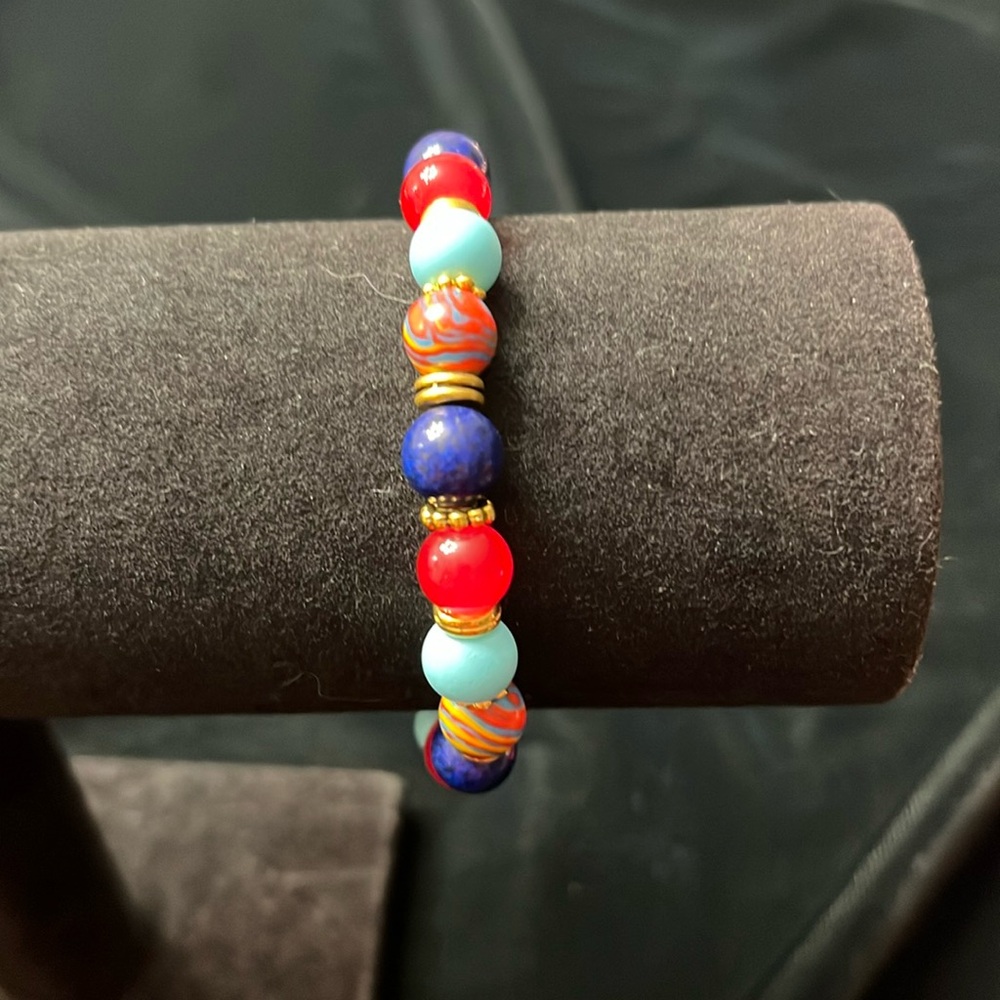 Blue/Red/Tiffany Blue Glass Bead Bracelet W Goldtone Spacers